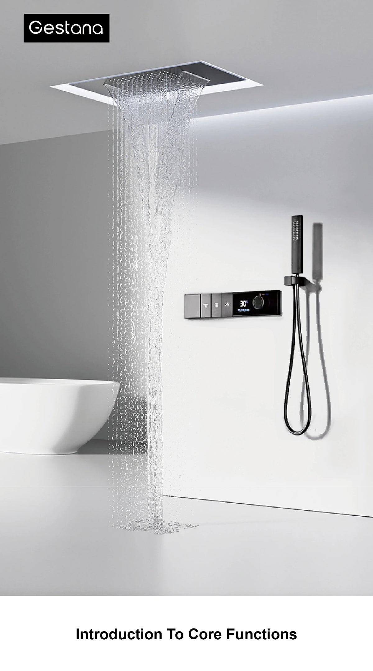 MC THE BLACK DIAMOND LED digital shower system with three spray modes, showcasing sleek design and modern controls.