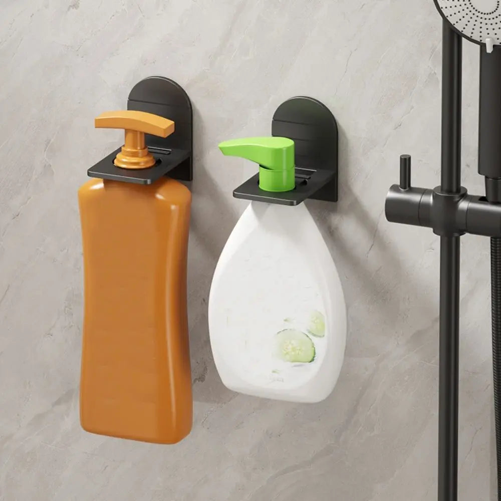 Wall-mounted bathroom bottle holder and shelf organizer with hooks by MC THE BLACK DIAMOND, ideal for bathroom storage.