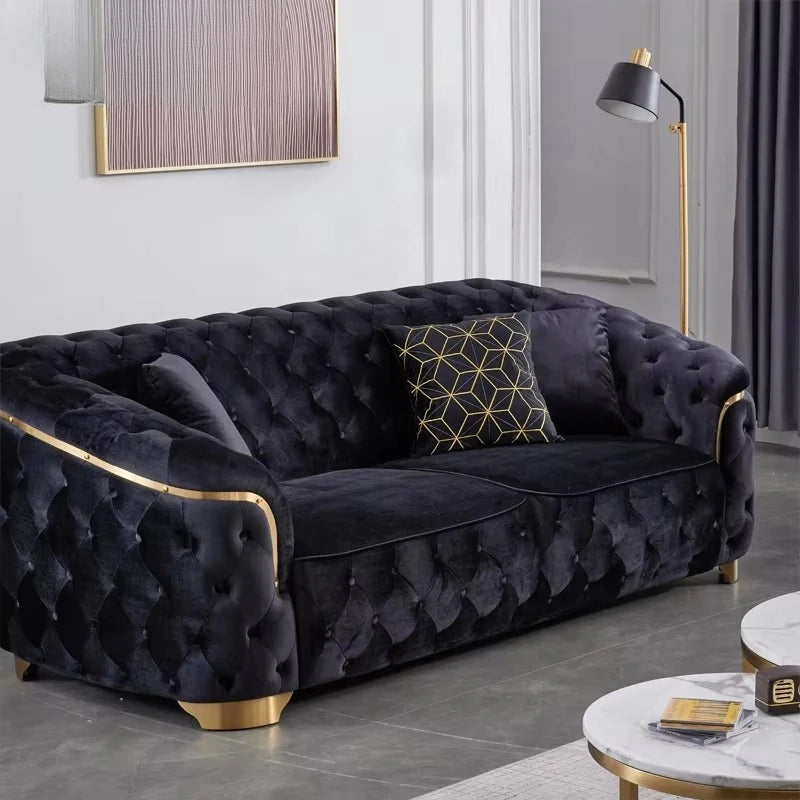 Modern luxury velvet Chesterfield lounge sofa set with gold base and wooden legs, perfect for villa living room decor.