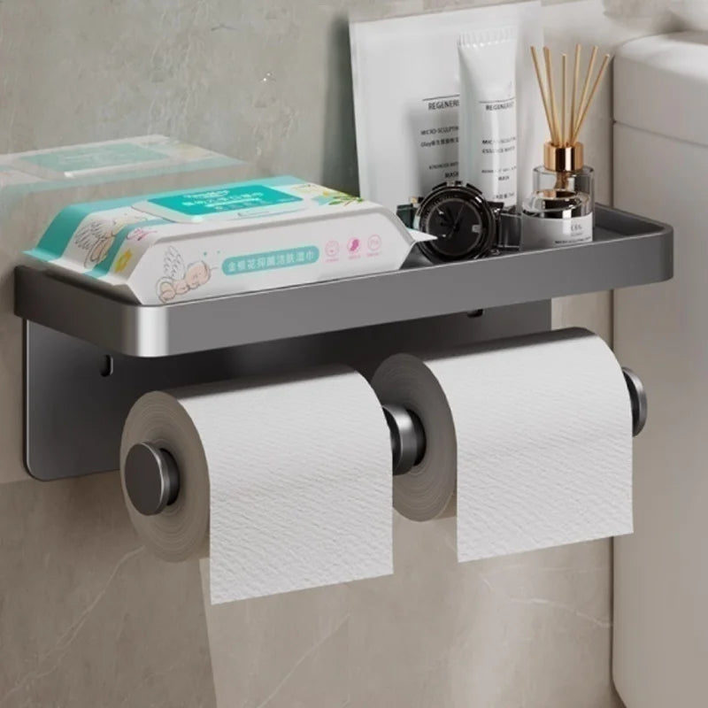 Wall-mounted MC THE BLACK DIAMOND toilet paper holder with waterproof tissue box storage rack and tissue tube holder.