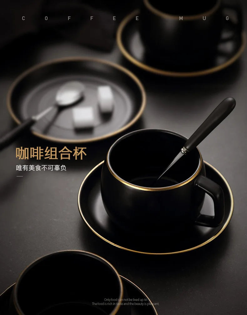 Creative matte black ceramic coffee cup with gold border and matching saucer, modern design for cafe or home use.