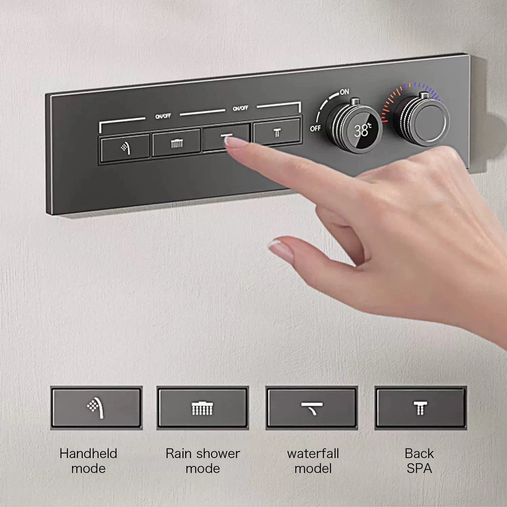 LED digital display bathroom shower faucet by MC THE BLACK DIAMOND with dual hot and cold water controls and modern shower system design.