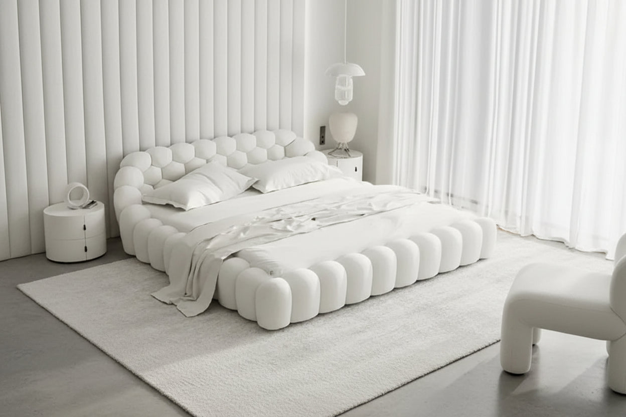 Modern double platform bed in sleek design by MC THE BLACK DIAMOND, featuring a minimalist bedroom setup with a stylish headboard.
