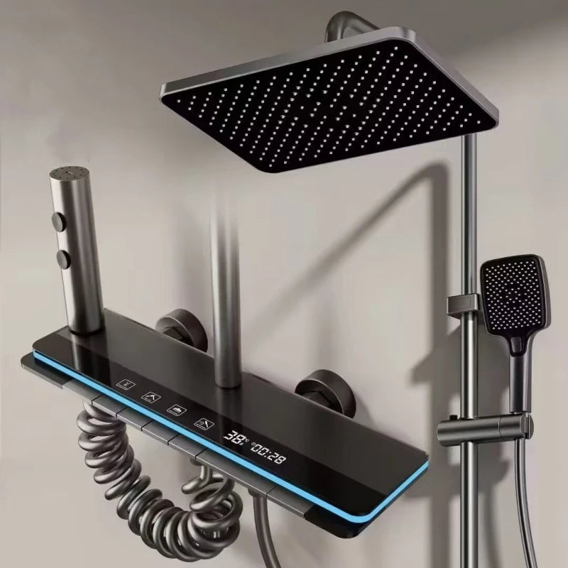 Wall-mounted rainfall shower system by MC THE BLACK DIAMOND featuring a sleek shower head and modern plumbing fixtures.