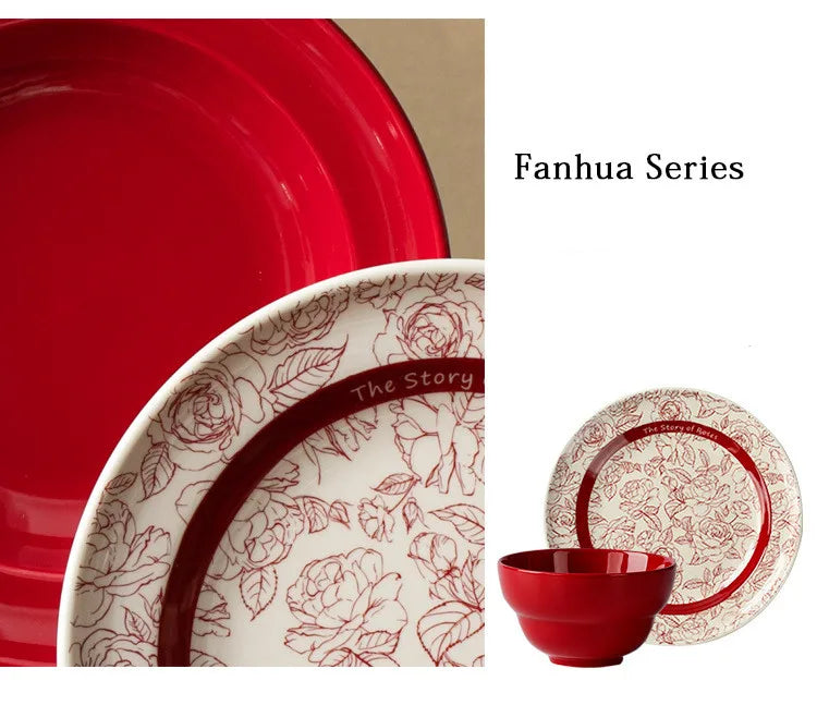 Red retro ceramic dinnerware set by MC THE BLACK DIAMOND featuring luxurious porcelain plates and bowls.