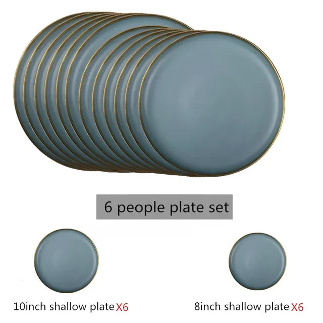 Matte ceramic dinnerware set with cereal bowls, dessert plates, and steak plates from 𝕄𝕔 𝕋𝕙𝕖 𝔹𝕝𝕒𝕔𝕜 𝔻𝕚𝕒