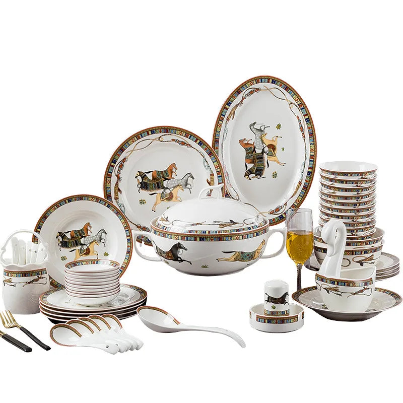 Ceramic family size dinnerware set by MC THE BLACK DIAMOND, includes plates, bowls, and serving pieces in a modern design.