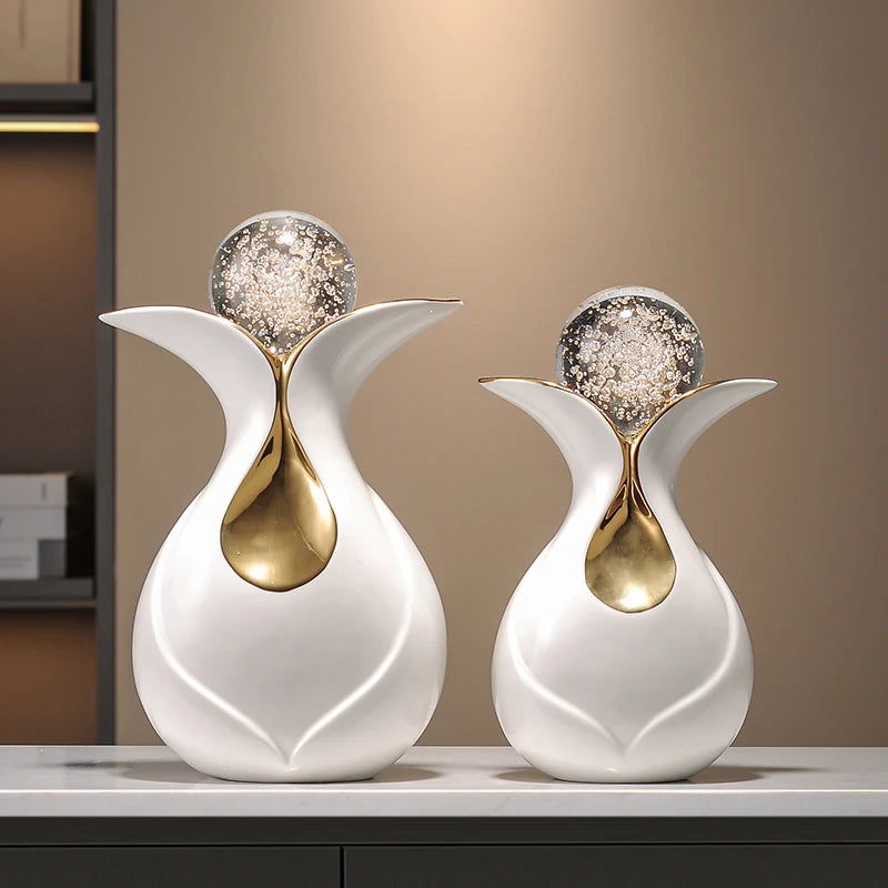 Modern art ceramic figurines with crystal ball, Feng Shui decor by MC THE BLACK DIAMOND, showcasing intricate design and decorative appeal.