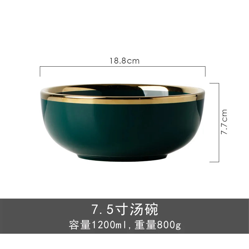 Dark green ceramic cutlery bowls set with gold accents, featuring rice bowls and porcelain plates for kitchen and dining use.