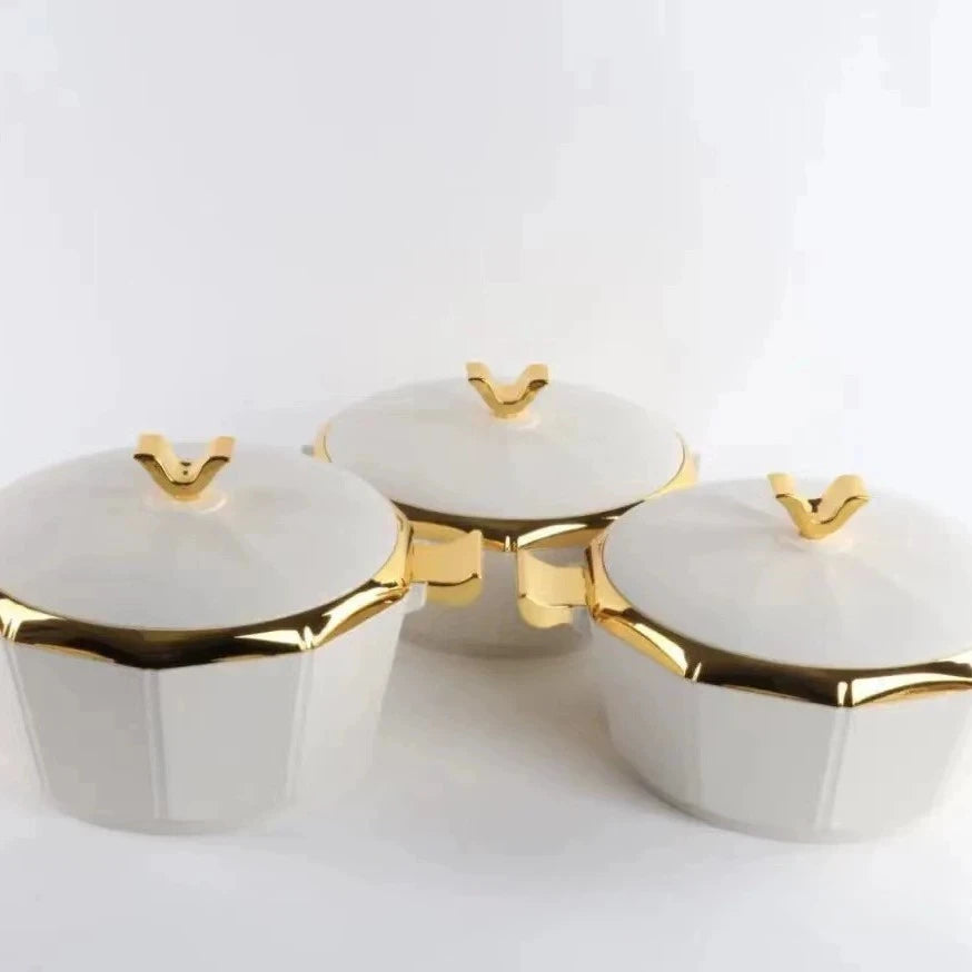 MC THE BLACK DIAMOND 3-piece food warmer casserole set, stainless steel design with handles for serving and keeping food warm.
