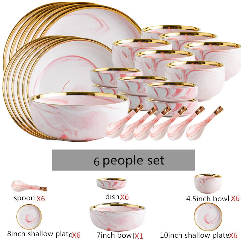 Pink gilded marble pattern porcelain dinnerware set by MC THE BLACK DIAMOND, featuring elegant plates and bowls for stylish dining.