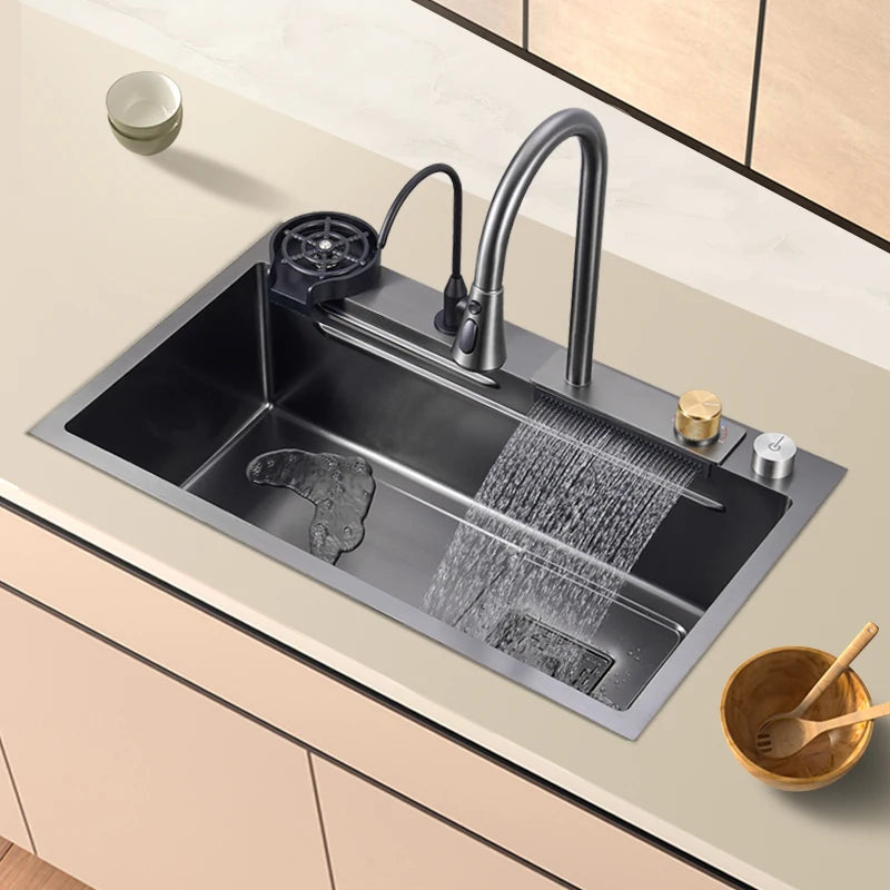 MC THE BLACK DIAMOND kitchen sink waterfall faucet with large single bowl cup washer, featuring modern design and durable finish.