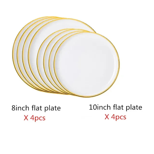 Set of bright white and pink porcelain plates with gold accents, designed for elegant kitchen table settings by MC THE BLACK DIAMOND.
