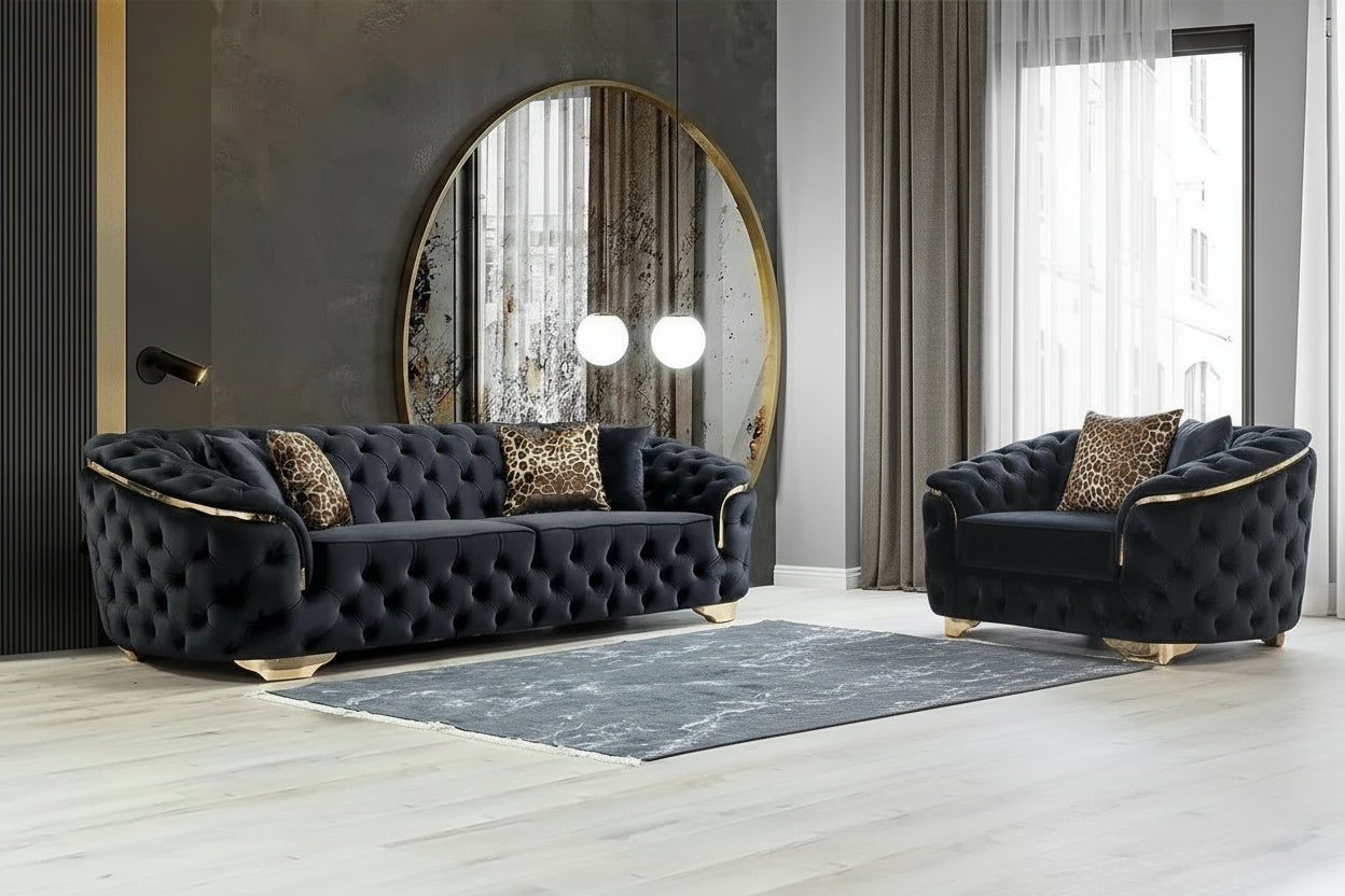 Black velvet 2-seater sofa from 𝕄𝕔 𝕋𝕙𝕖 𝔹𝕝𝕒𝕔𝕜 𝔻𝕚𝕒𝕞𝕠𝕟