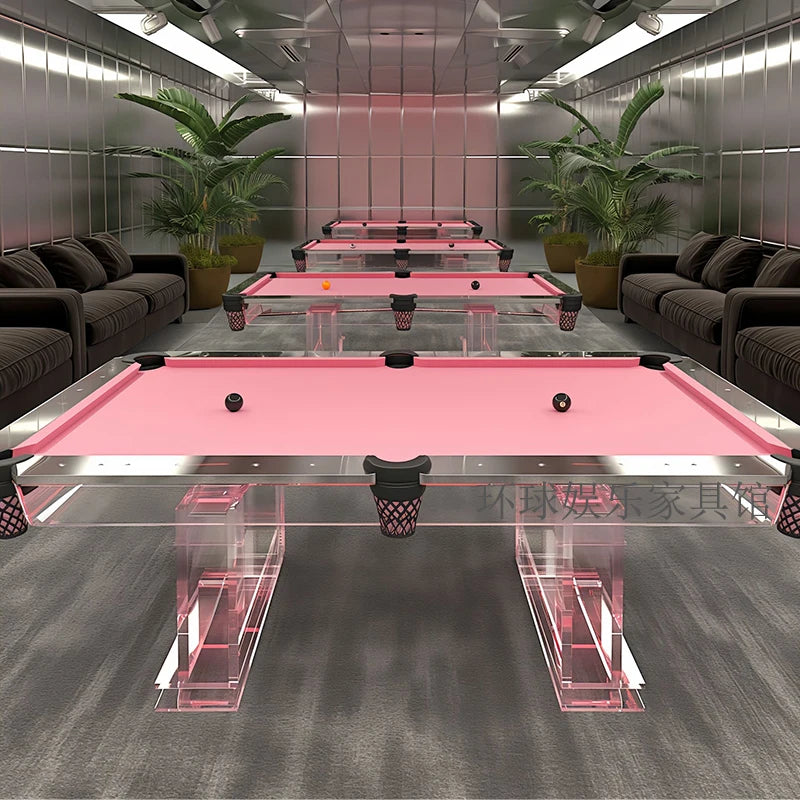 Pink acrylic luxury billiard table by MC THE BLACK DIAMOND, modern home entertainment billiard table with sleek design.
