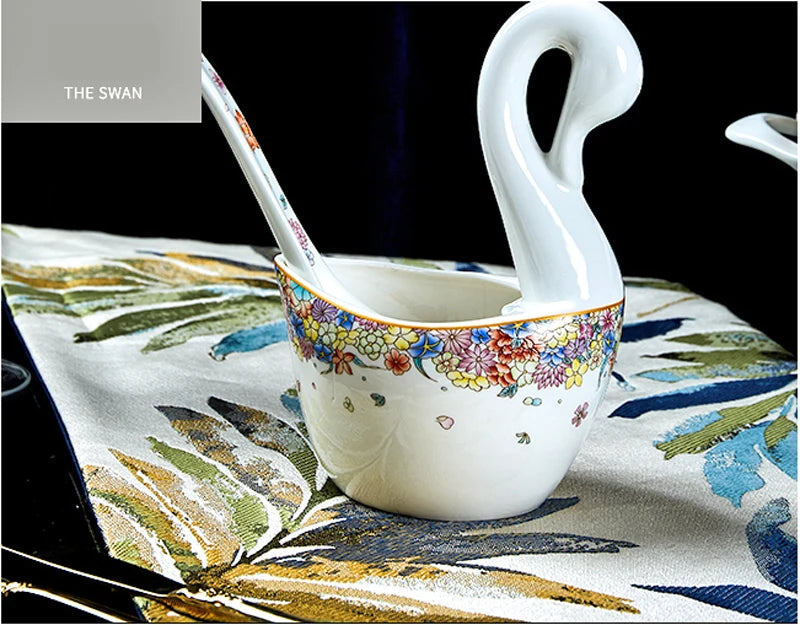Family size MC THE BLACK DIAMOND dinnerware set with star design, including plates, bowls, and mugs for elegant table setting.