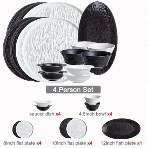 Modern Simplicity black and white frosted porcelain dinner set with ceramic bowls, dishes, and plates for household and hotel use.