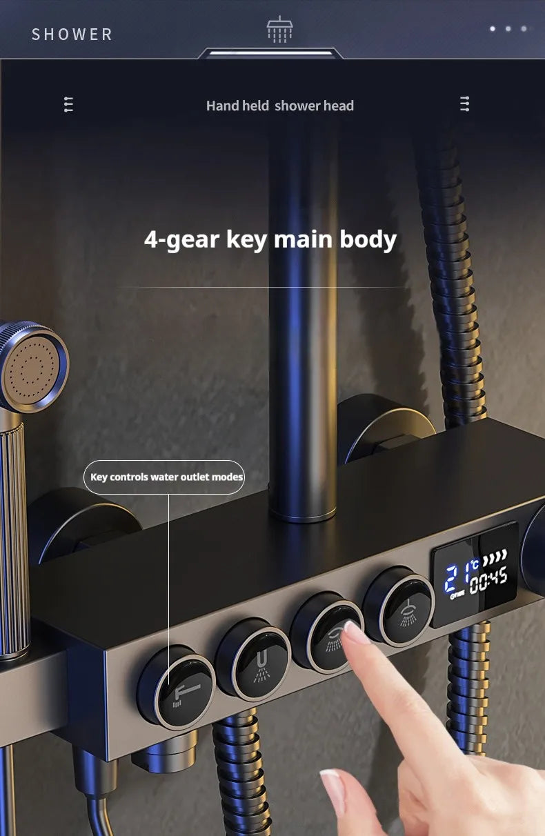 Modern MC THE BLACK DIAMOND multi-function shower system with rainfall and hand shower, sleek chrome finish and adjustable spray heads.