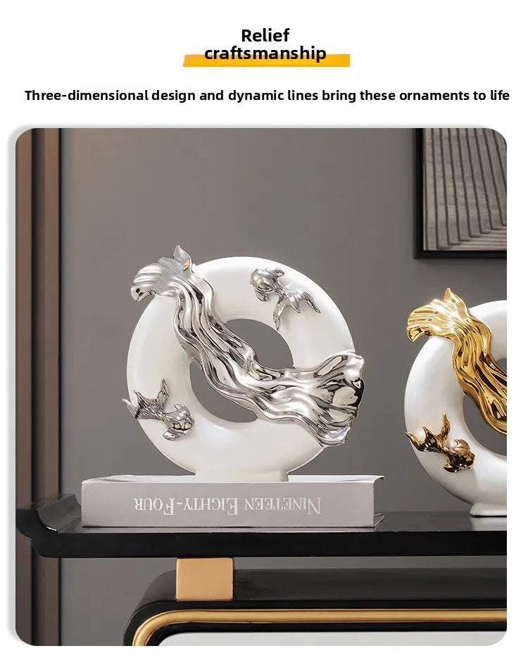 Chinese Koi ceramic figurine by MC THE BLACK DIAMOND, modern art home decor ornament for living room, study, or office.
