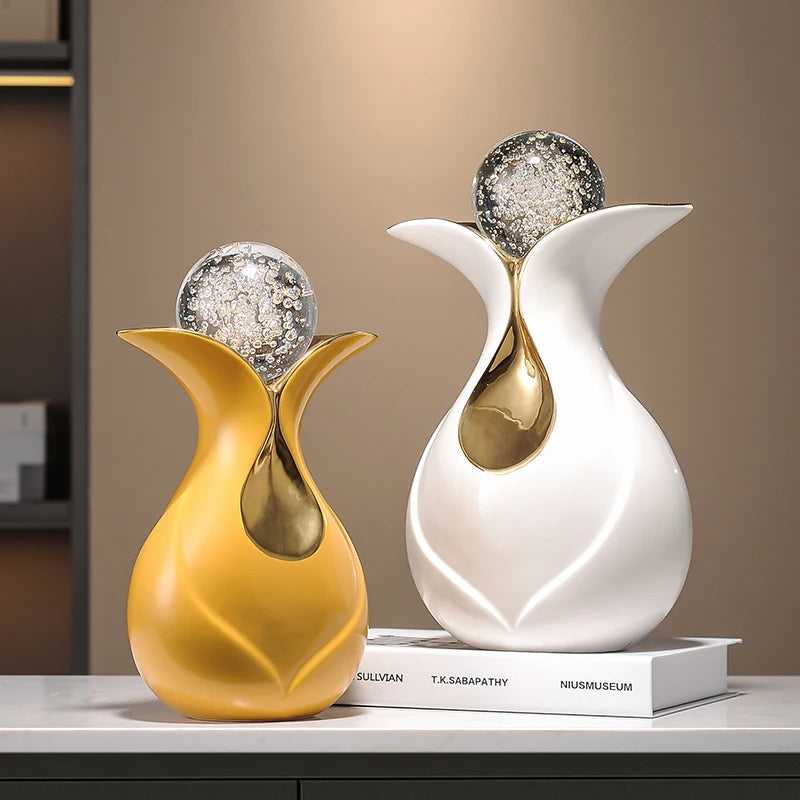 Modern Art ceramic figurines with a crystal ball, Feng Shui decor by MC THE BLACK DIAMOND, showcasing elegant design and intricate details.