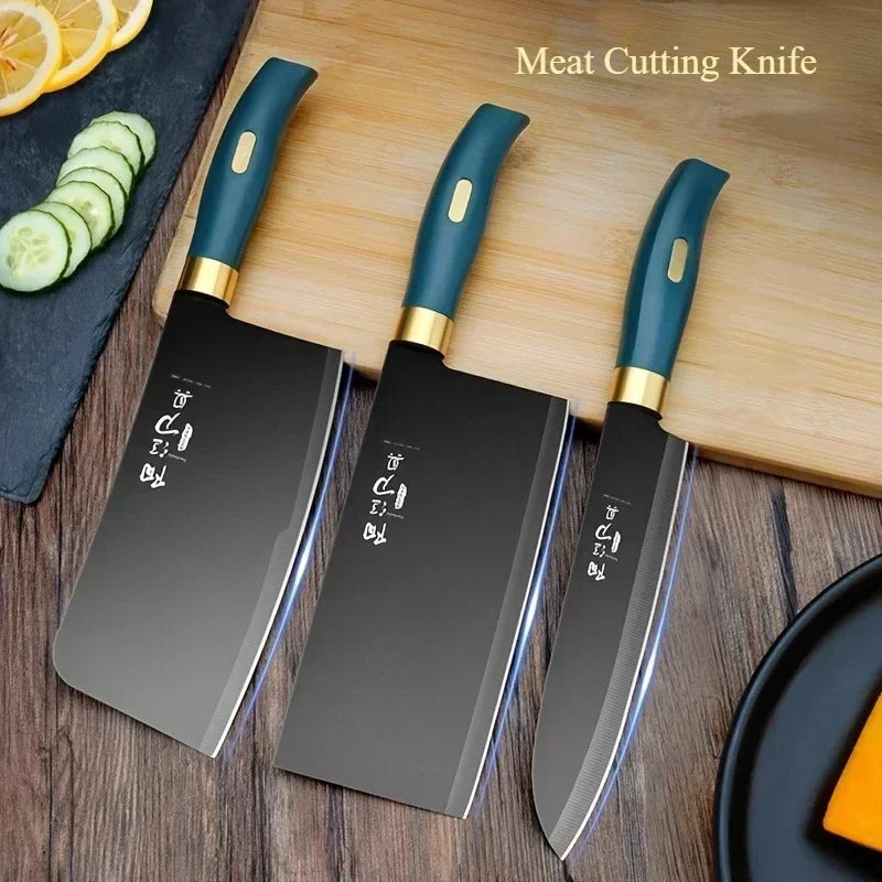 Portable MC THE BLACK DIAMOND kitchen meat cutting knife set, wear-resistant blades for efficient food preparation.