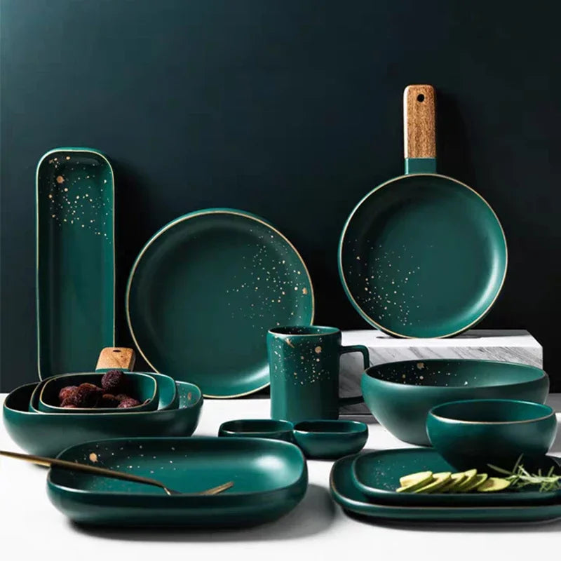 Dark green ceramic Western dinnerware set by MC THE BLACK DIAMOND, includes plates, bowls, and mugs with Nordic design elements.