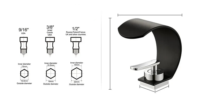 Black and white hot and cold water hydrant bathroom sink tap by MC The Black Diamond, designed for bath sinks.