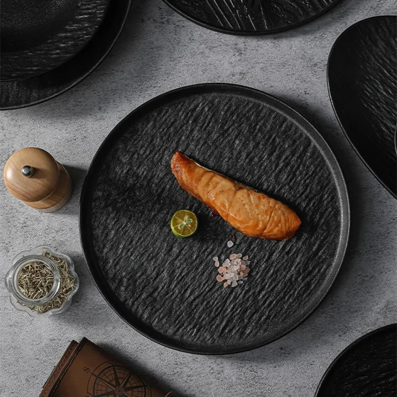 Modern Simplicity black and white frosted porcelain dinner set with ceramic bowls, dishes, and plates for household or hotel use.