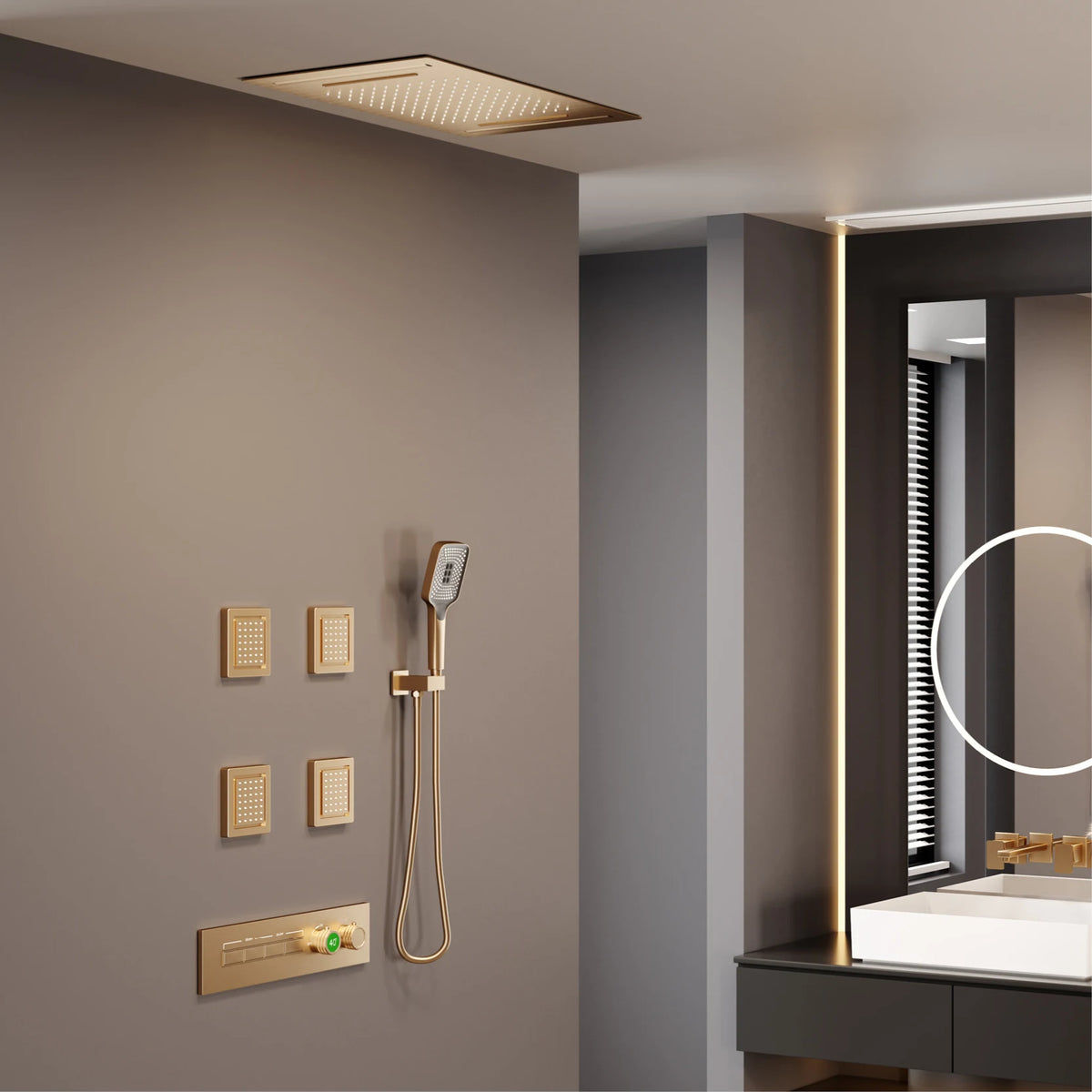MC THE BLACK DIAMOND LED digital shower system with dual control for hot and cold water, featuring a modern bathroom faucet display.