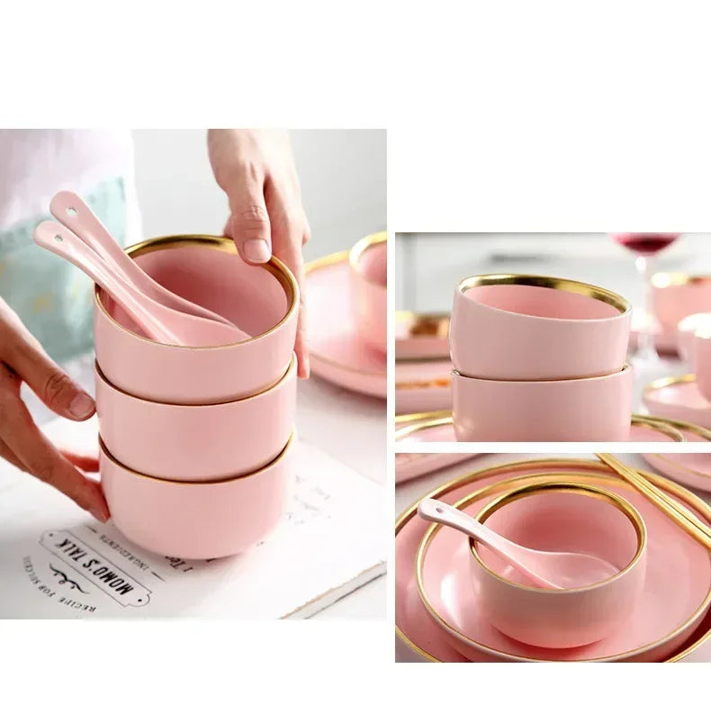 Set of MC THE BLACK DIAMOND ceramic dinnerware sets with plates and bowls arranged on a kitchen table.