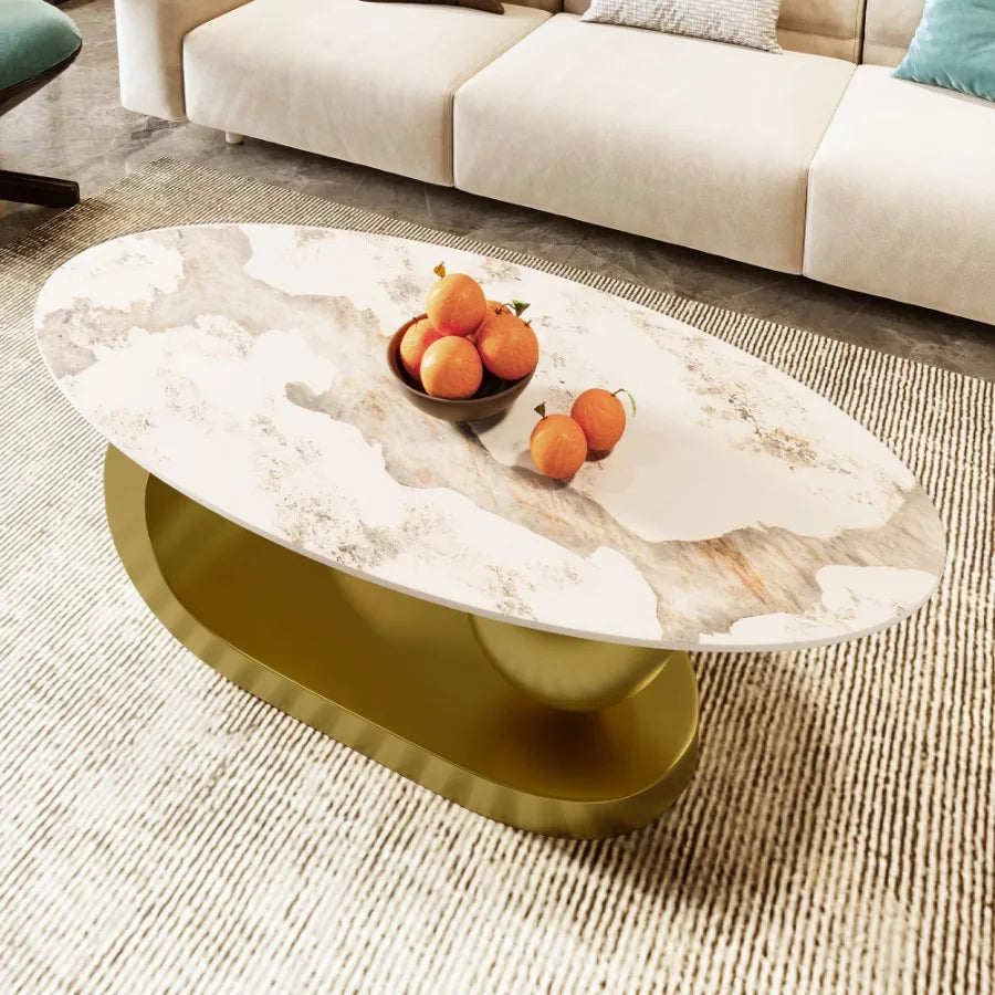 Modern oval coffee table by MC THE BLACK DIAMOND with marble-patterned sintered stone top and gold stainless steel base, 47.2 inches.