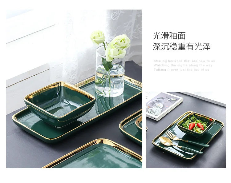 Dark green ceramic dinner plate with gold border from 𝕄𝕔 𝕋𝕙𝕖 𝔹𝕝𝕒𝕔𝕜 𝔻𝕚𝕒𝕞𝕠�