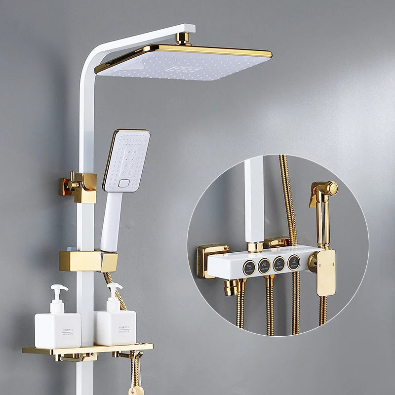 Luxury MC THE BLACK DIAMOND digital shower head set with rainfall design and built-in caddies for bathroom convenience.