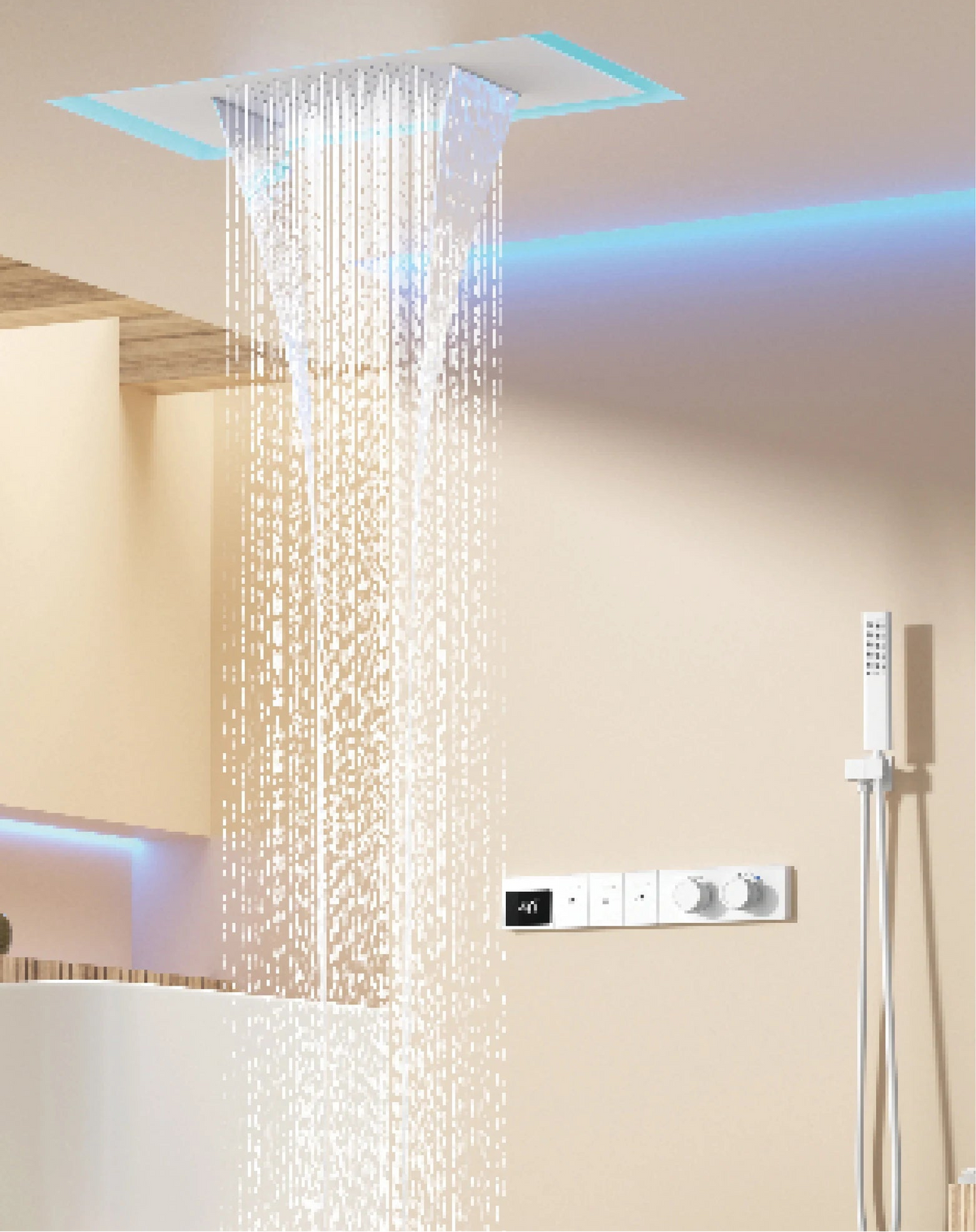 Wall-mounted MC THE BLACK DIAMOND shower system with hidden design, dual hot and cold control wall faucet.