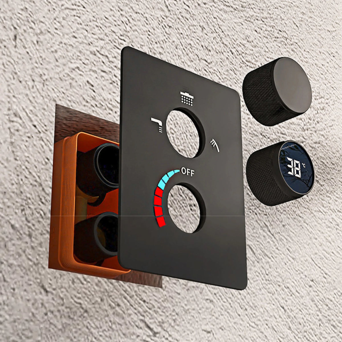 MC THE BLACK DIAMOND LED digital shower system with dual control for hot and cold water, featuring a modern bathroom tap display.