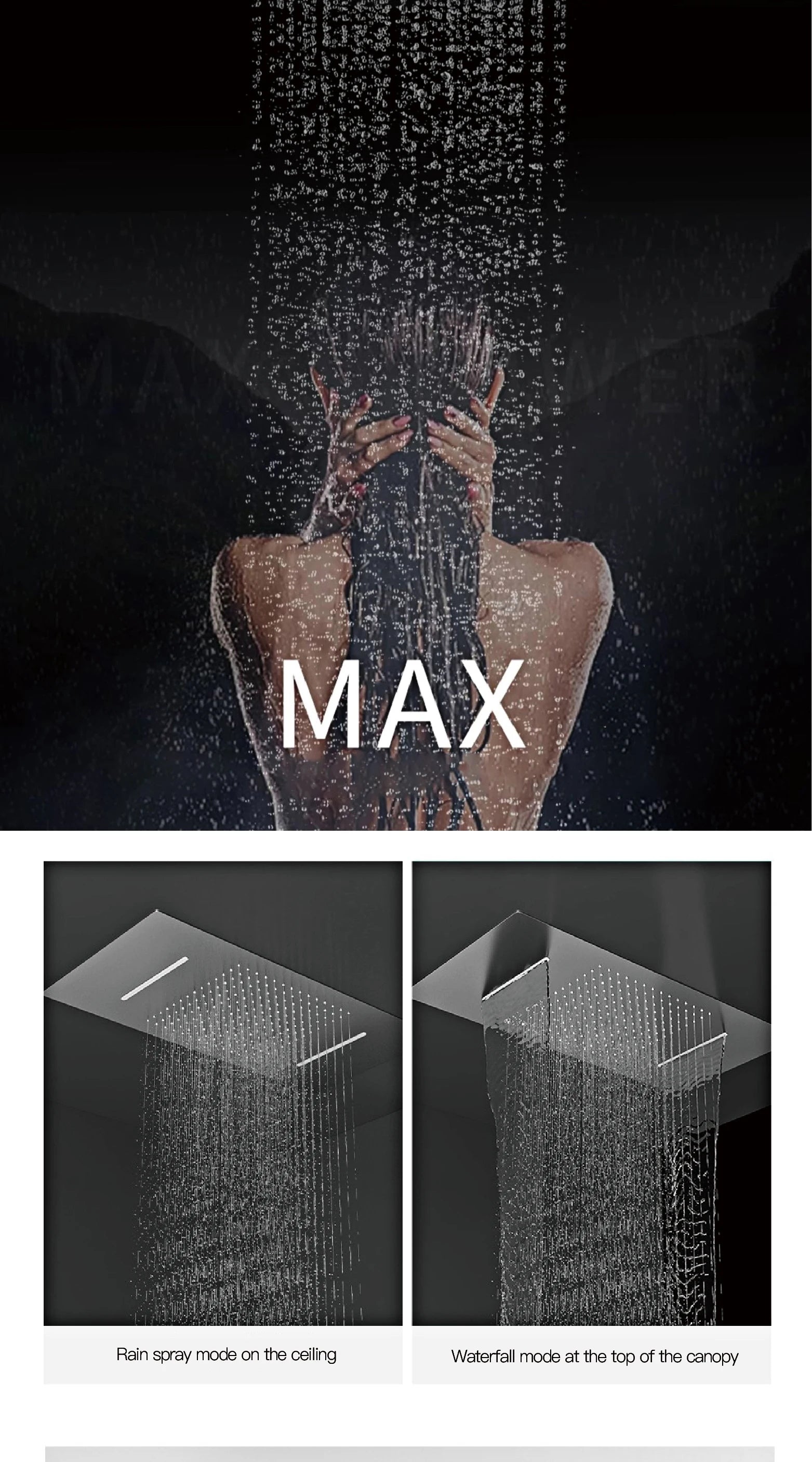 MC THE BLACK DIAMOND shower system with embedded ceiling-mounted bath mixer for hot and cold water control.