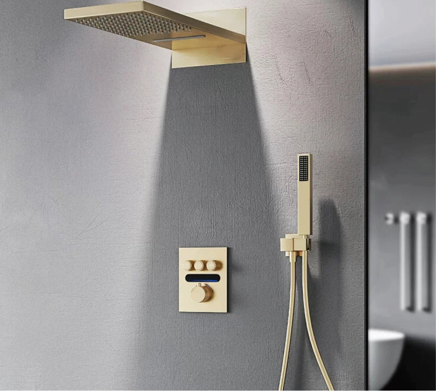 MC THE BLACK DIAMOND shower system with ceiling-mounted bath mixer for hot and cold water, modern bathroom fixture.