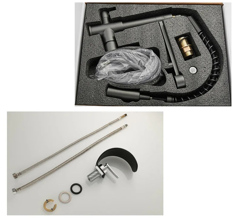 MC THE BLACK DIAMOND hot and cold water hydrant iron bathroom sink faucet in black and white, designed for bath sink installation.