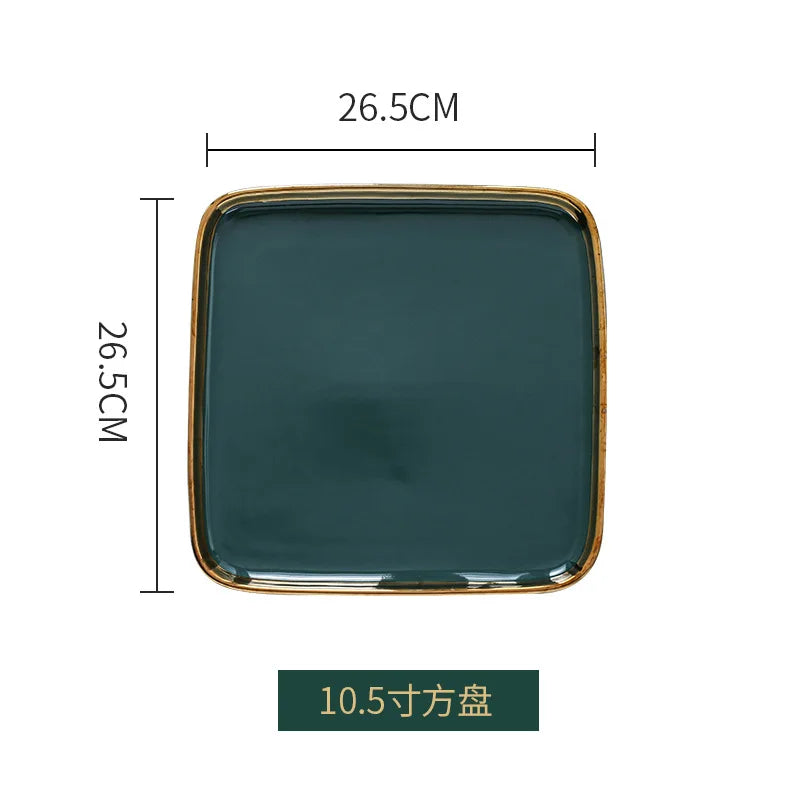 Dark green ceramic dinner plate with gold border, part of 𝕄𝕔 𝕋𝕙𝕖 𝔹𝕝𝕒𝕔𝕜 𝔻𝕚𝕒𝕞𝕠
