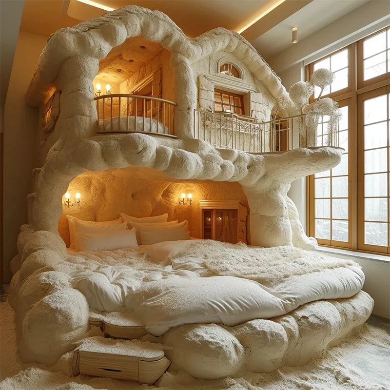 MC THE BLACK DIAMOND designer explosion cream wind children's bed frame with soft, stylish bedding in a cozy bedroom setting.