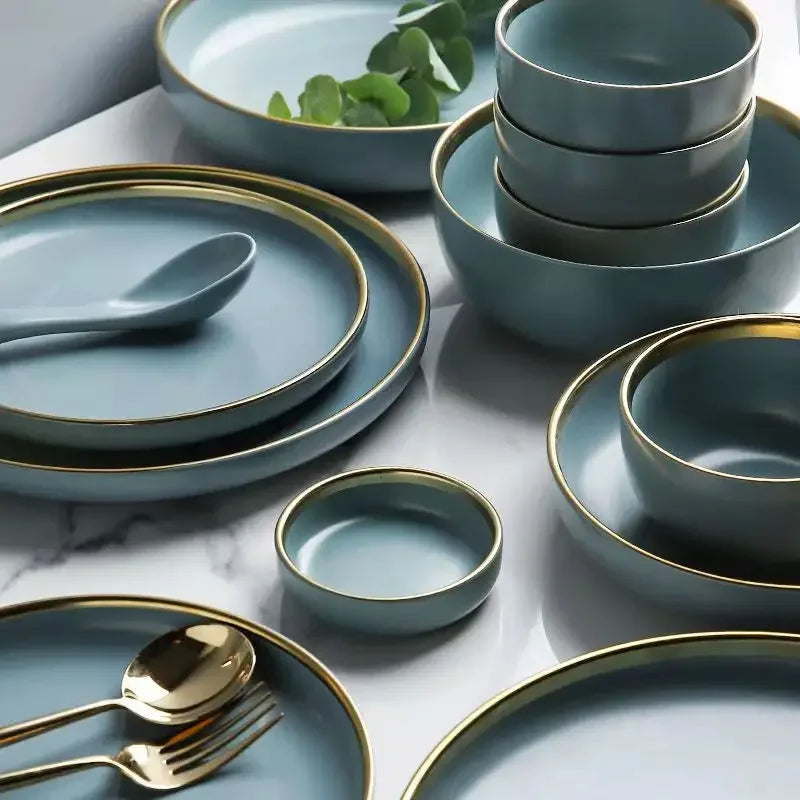 Matte ceramic dinnerware set with cereal bowls, dessert plates, and steak plates from 𝕄𝕔 𝕋𝕙𝕖 𝔹𝕝𝕒𝕔𝕜 𝔻𝕚𝕒