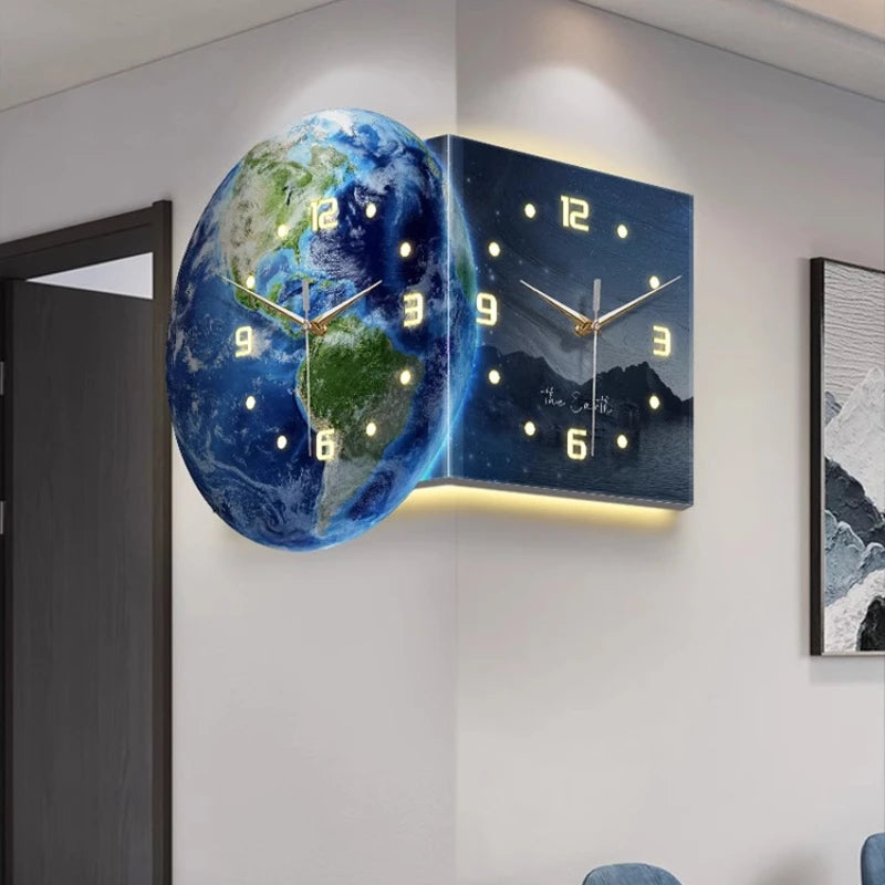Earth double-sided corner LED wall clock by MC THE BLACK DIAMOND showing a modern, dual-faced design for indoor wall display