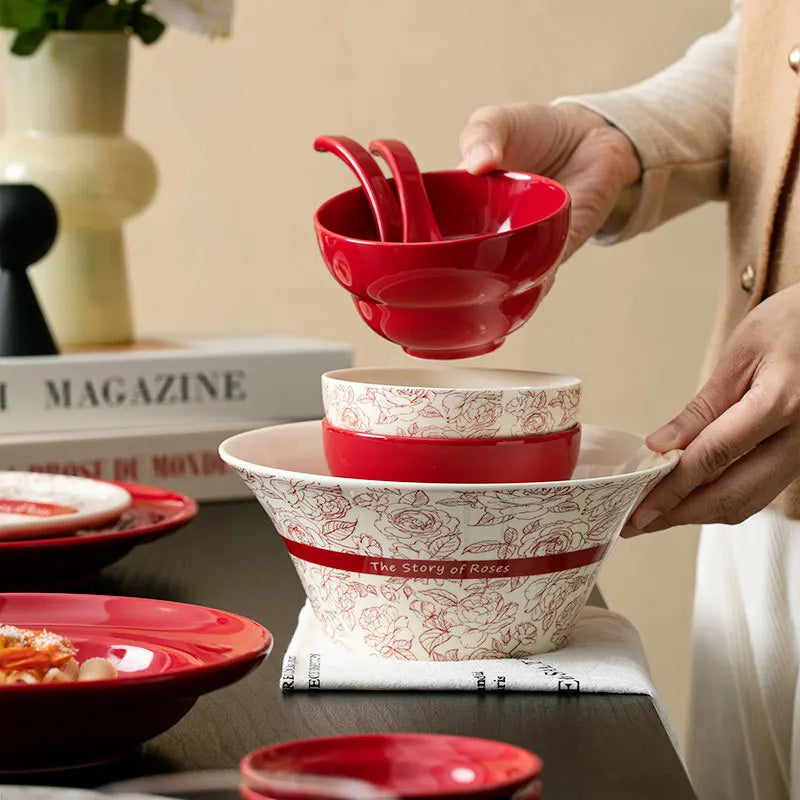 Red retro ceramic dinnerware set by MC THE BLACK DIAMOND, luxurious porcelain plates and bowls with vintage design.