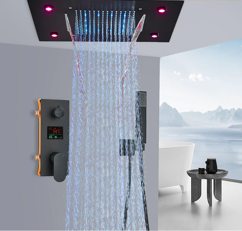 Matte black brass LED intelligent remote control for bathtub and shower faucets by MC THE BLACK DIAMOND, with sleek design and digital display.
