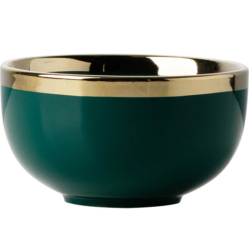 Dark green ceramic cutlery bowls set with gold accents, featuring rice bowls and porcelain dishes from 𝕄𝕔 𝕋𝕙𝕖 𝔹𝕝𝕒𝕔𝕜 𝔻𝕚�