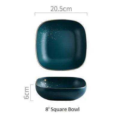 Dark green ceramic Western dinnerware set by MC THE BLACK DIAMOND, includes plates and bowls with a Nordic style design.