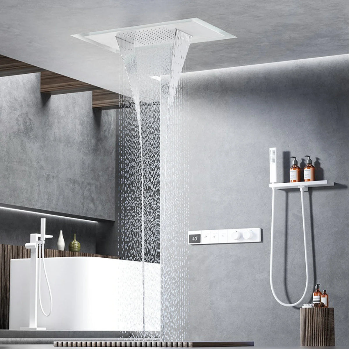 MC THE BLACK DIAMOND LED digital display bathroom shower faucet with hot and cold water controls, embedded in the wall.