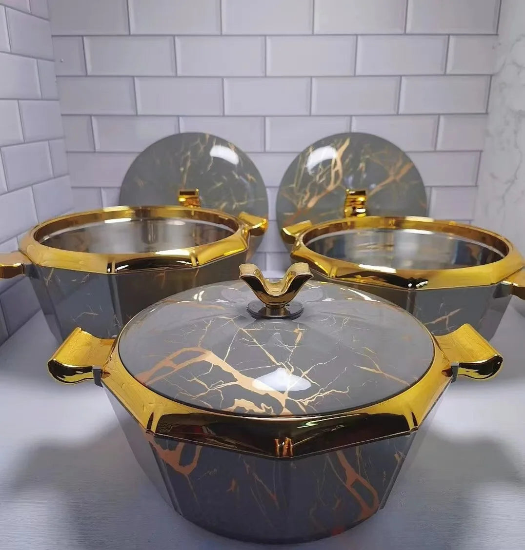 MC THE BLACK DIAMOND 3-piece food warmer casserole set showing sleek stainless steel containers with lids for keeping food warm.