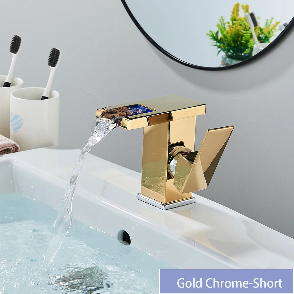 Black LED bathroom sink faucet by MC THE BLACK DIAMOND with brass waterfall design, hot and cold mixer for modern bath sinks.