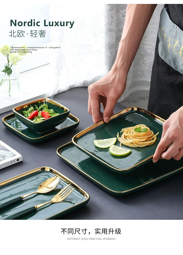 Dark green ceramic dinner plate with gold border from 𝕄𝕔 𝕋𝕙𝕖 𝔹𝕝𝕒𝕔𝕜 𝔻𝕚𝕒𝕞𝕠�